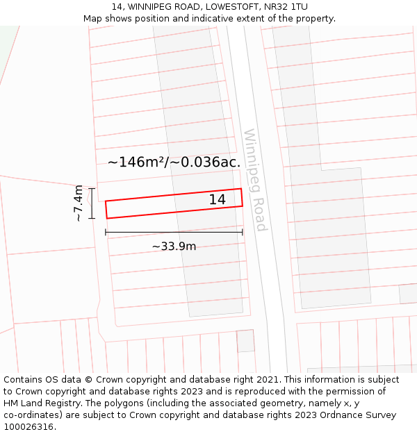 14, WINNIPEG ROAD, LOWESTOFT, NR32 1TU: Plot and title map