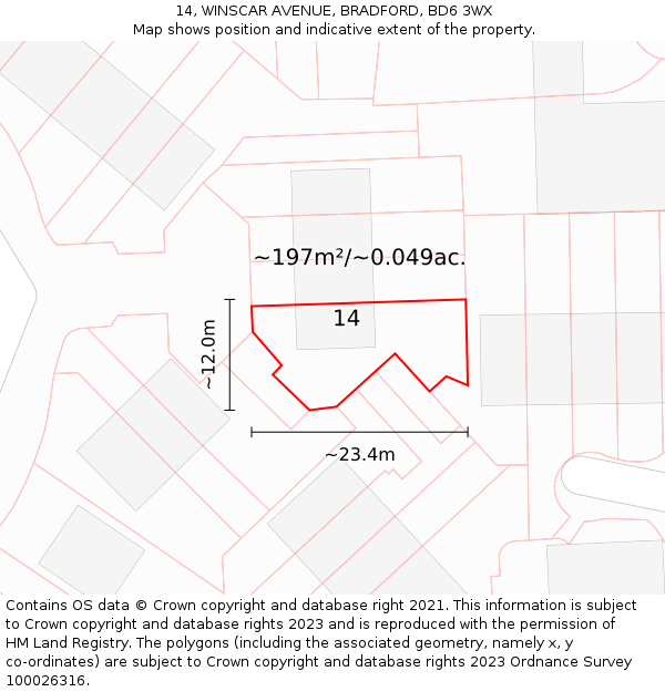 14, WINSCAR AVENUE, BRADFORD, BD6 3WX: Plot and title map
