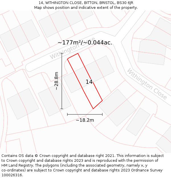 14, WITHINGTON CLOSE, BITTON, BRISTOL, BS30 6JR: Plot and title map