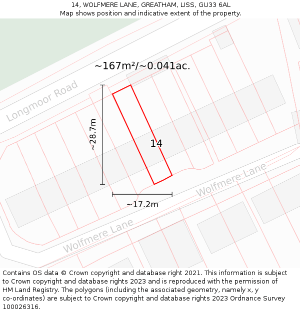 14, WOLFMERE LANE, GREATHAM, LISS, GU33 6AL: Plot and title map