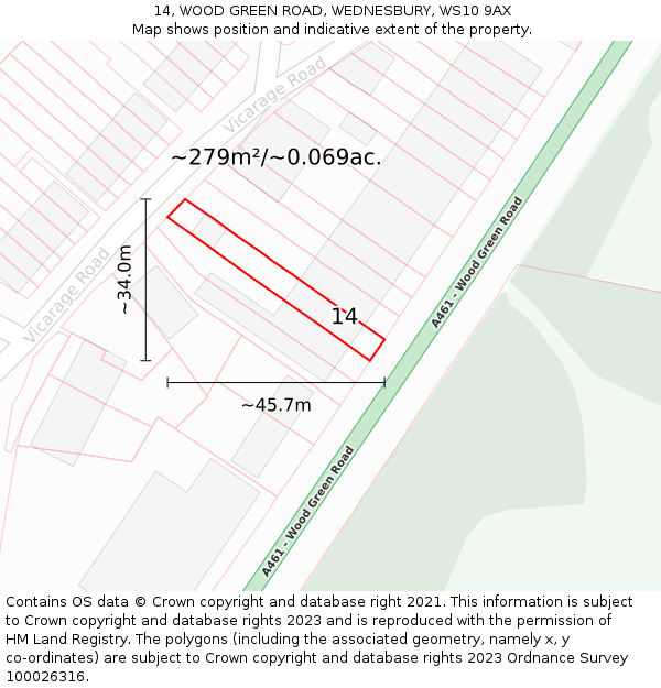 14, WOOD GREEN ROAD, WEDNESBURY, WS10 9AX: Plot and title map