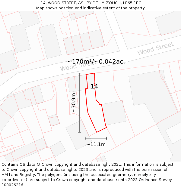 14, WOOD STREET, ASHBY-DE-LA-ZOUCH, LE65 1EG: Plot and title map