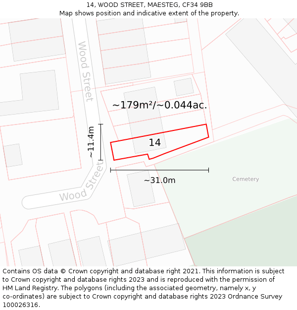 14, WOOD STREET, MAESTEG, CF34 9BB: Plot and title map