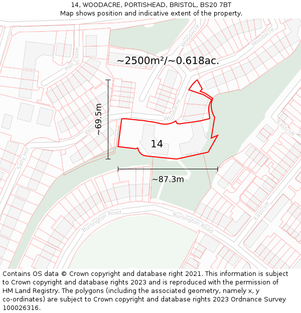 14, WOODACRE, PORTISHEAD, BRISTOL, BS20 7BT: Plot and title map