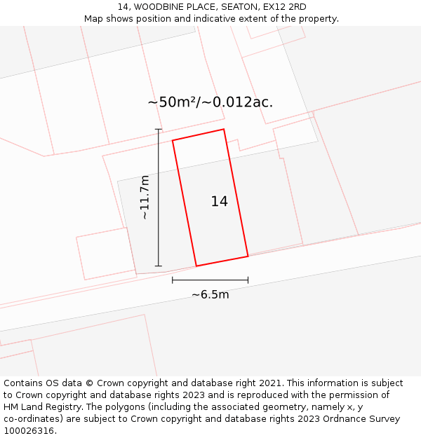 14, WOODBINE PLACE, SEATON, EX12 2RD: Plot and title map