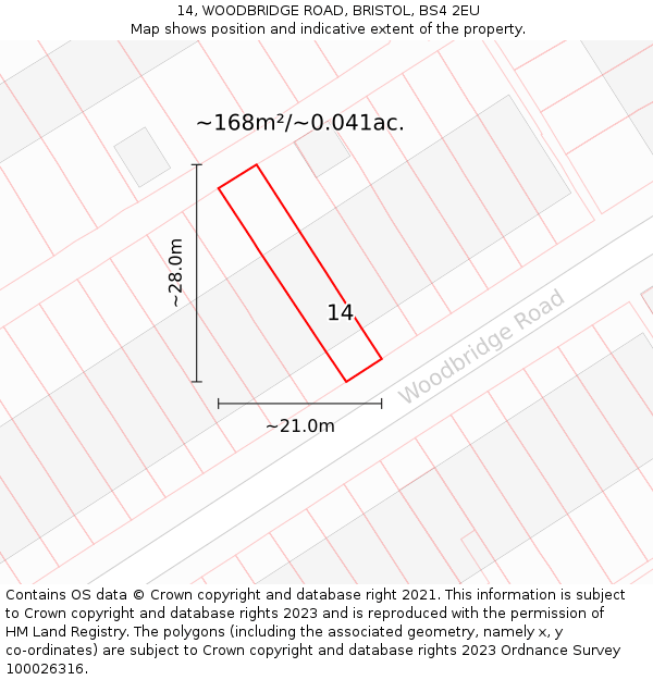 14, WOODBRIDGE ROAD, BRISTOL, BS4 2EU: Plot and title map