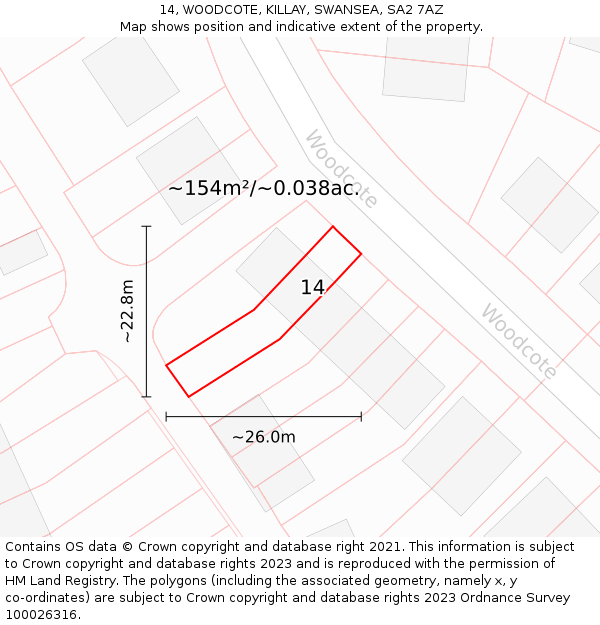 14, WOODCOTE, KILLAY, SWANSEA, SA2 7AZ: Plot and title map