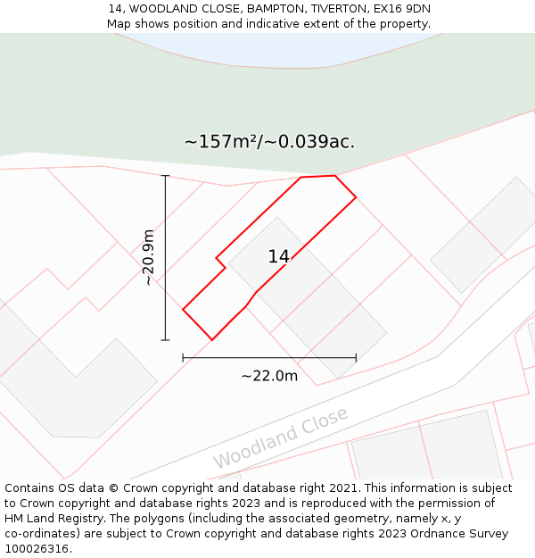 14, WOODLAND CLOSE, BAMPTON, TIVERTON, EX16 9DN: Plot and title map
