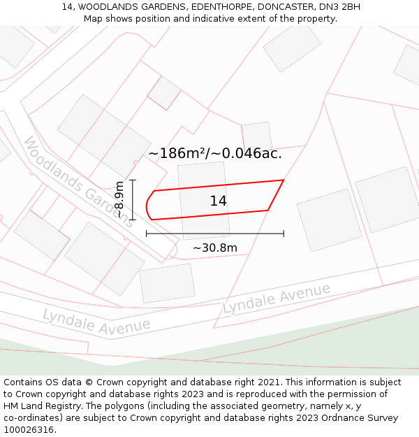 14, WOODLANDS GARDENS, EDENTHORPE, DONCASTER, DN3 2BH: Plot and title map