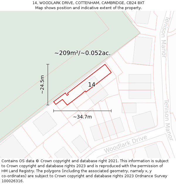 14, WOODLARK DRIVE, COTTENHAM, CAMBRIDGE, CB24 8XT: Plot and title map