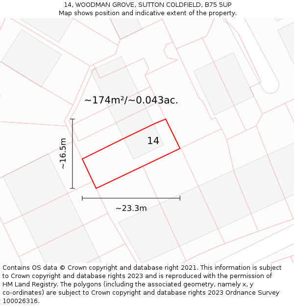 14, WOODMAN GROVE, SUTTON COLDFIELD, B75 5UP: Plot and title map