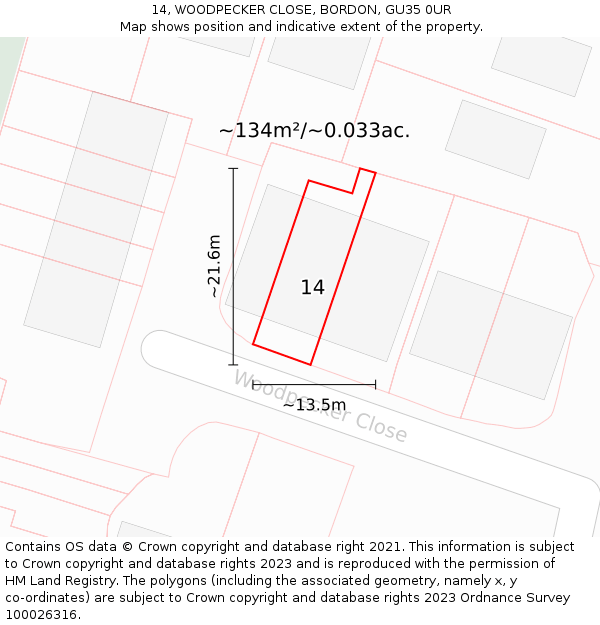 14, WOODPECKER CLOSE, BORDON, GU35 0UR: Plot and title map