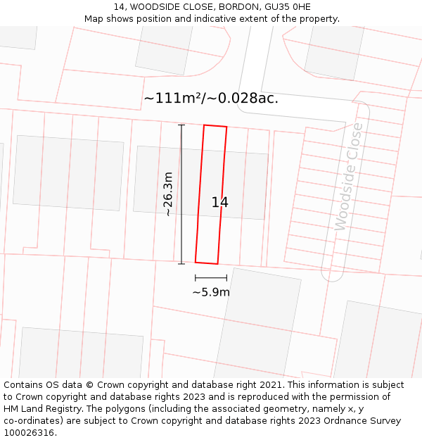 14, WOODSIDE CLOSE, BORDON, GU35 0HE: Plot and title map