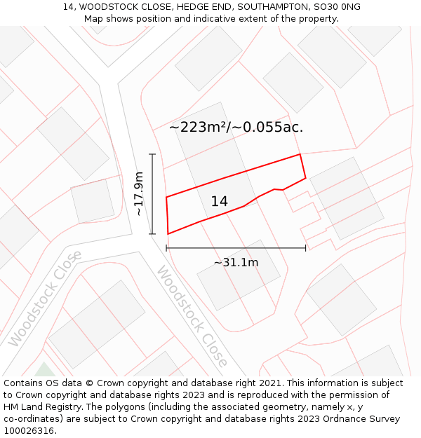 14, WOODSTOCK CLOSE, HEDGE END, SOUTHAMPTON, SO30 0NG: Plot and title map