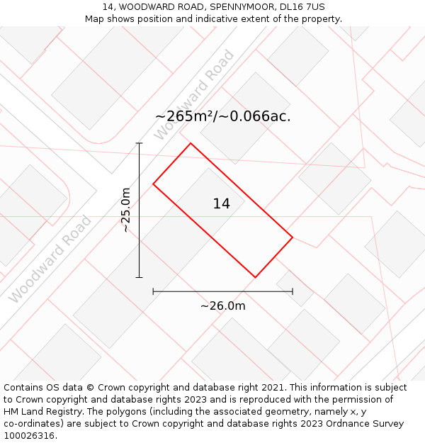 14, WOODWARD ROAD, SPENNYMOOR, DL16 7US: Plot and title map