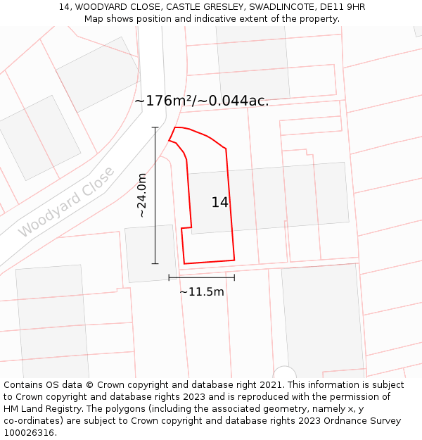 14, WOODYARD CLOSE, CASTLE GRESLEY, SWADLINCOTE, DE11 9HR: Plot and title map