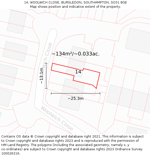14, WOOLWICH CLOSE, BURSLEDON, SOUTHAMPTON, SO31 8GE: Plot and title map