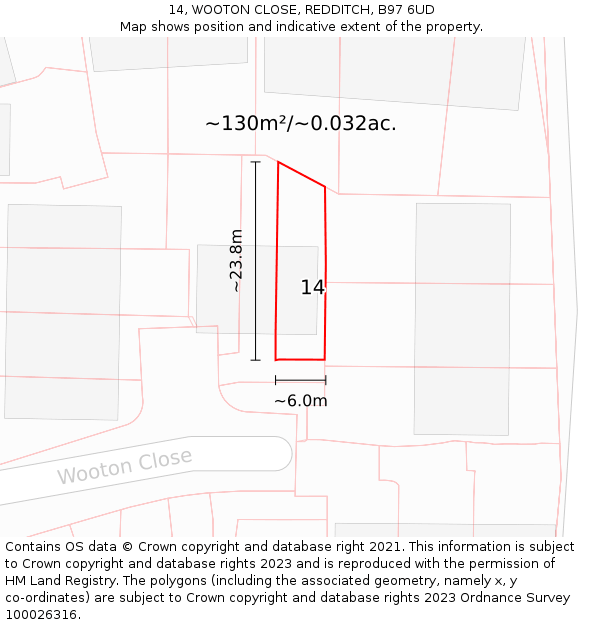 14, WOOTON CLOSE, REDDITCH, B97 6UD: Plot and title map