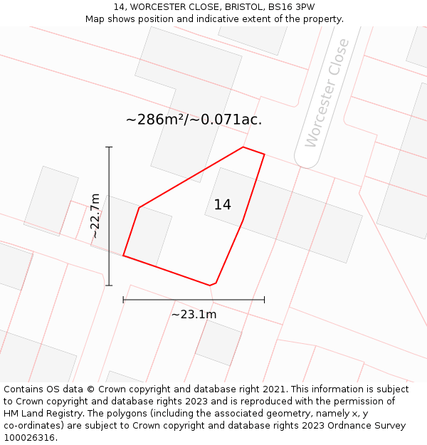 14, WORCESTER CLOSE, BRISTOL, BS16 3PW: Plot and title map