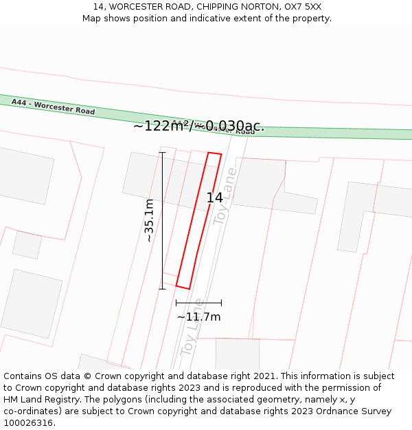 14, WORCESTER ROAD, CHIPPING NORTON, OX7 5XX: Plot and title map