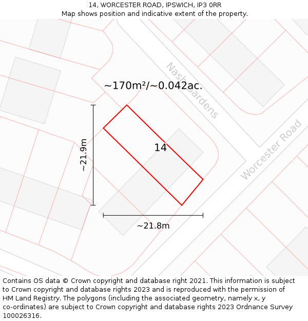 14, WORCESTER ROAD, IPSWICH, IP3 0RR: Plot and title map