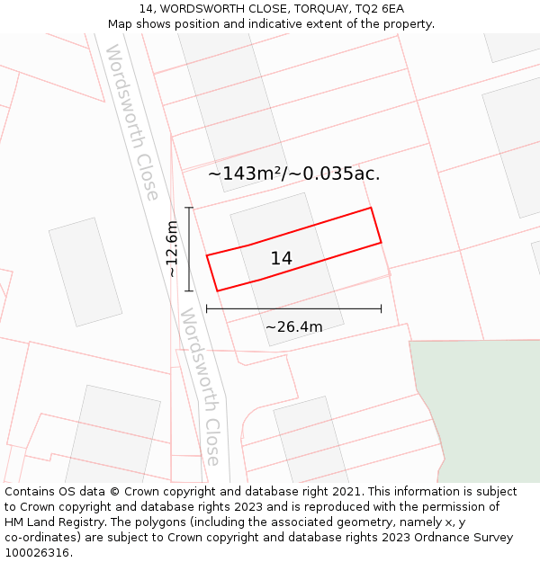 14, WORDSWORTH CLOSE, TORQUAY, TQ2 6EA: Plot and title map