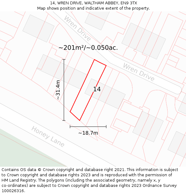 14, WREN DRIVE, WALTHAM ABBEY, EN9 3TX: Plot and title map