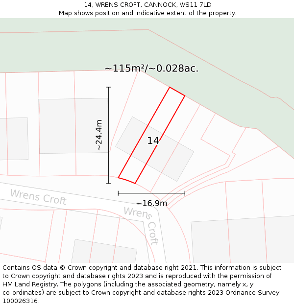 14, WRENS CROFT, CANNOCK, WS11 7LD: Plot and title map