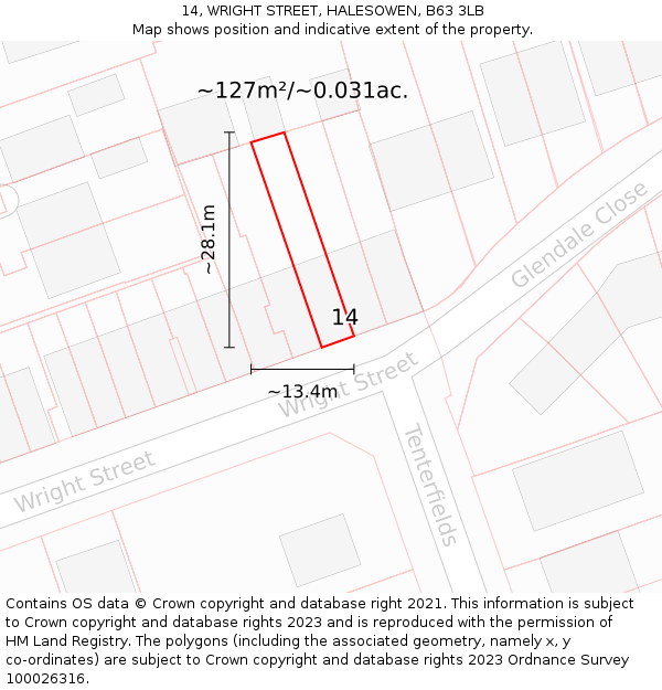14, WRIGHT STREET, HALESOWEN, B63 3LB: Plot and title map