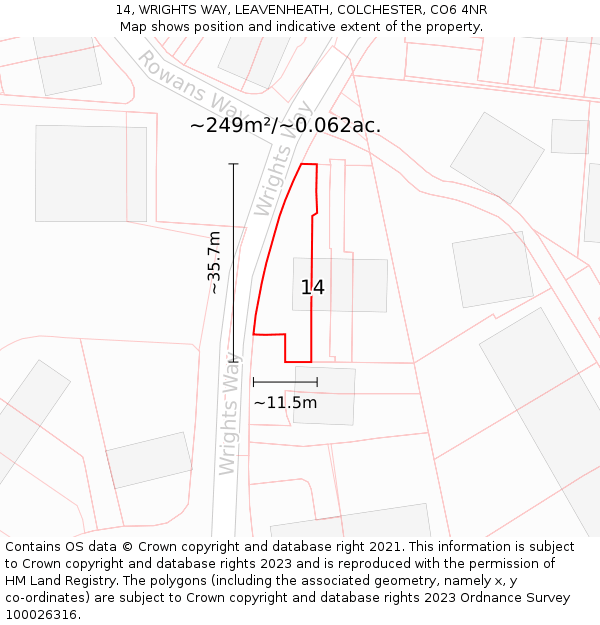 14, WRIGHTS WAY, LEAVENHEATH, COLCHESTER, CO6 4NR: Plot and title map