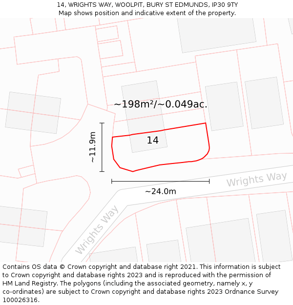 14, WRIGHTS WAY, WOOLPIT, BURY ST EDMUNDS, IP30 9TY: Plot and title map