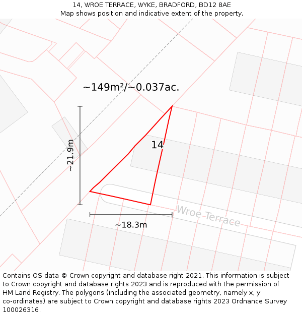 14, WROE TERRACE, WYKE, BRADFORD, BD12 8AE: Plot and title map