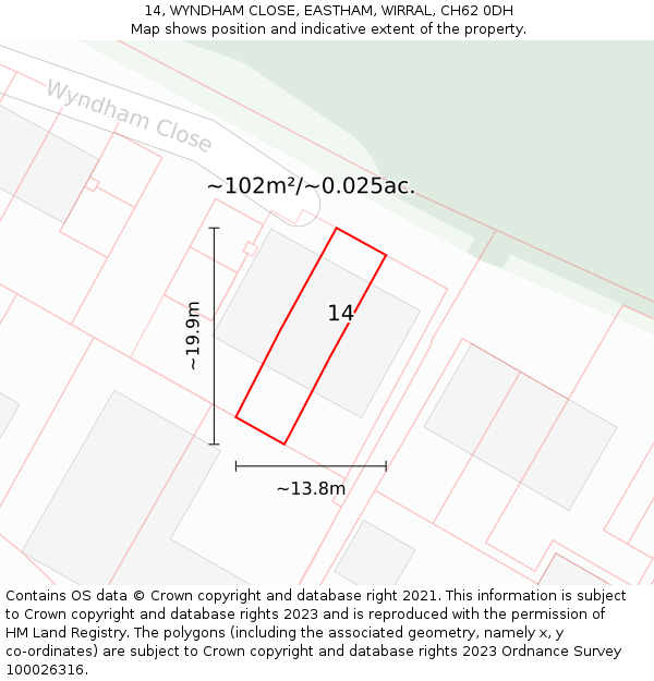 14, WYNDHAM CLOSE, EASTHAM, WIRRAL, CH62 0DH: Plot and title map