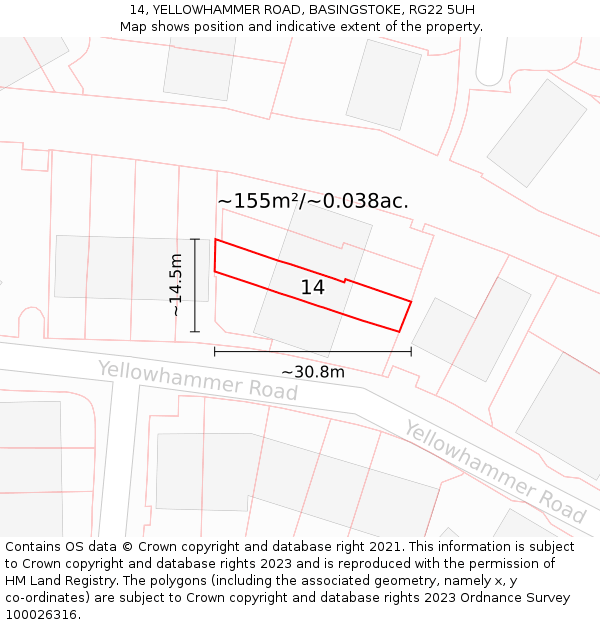 14, YELLOWHAMMER ROAD, BASINGSTOKE, RG22 5UH: Plot and title map