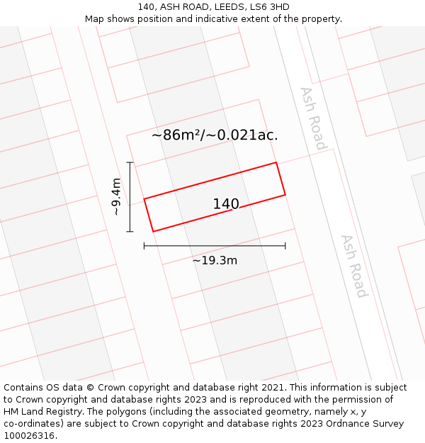 140, ASH ROAD, LEEDS, LS6 3HD: Plot and title map