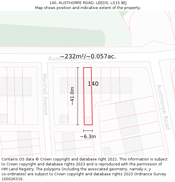 140, AUSTHORPE ROAD, LEEDS, LS15 8EJ: Plot and title map