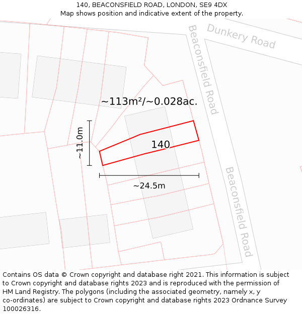 140, BEACONSFIELD ROAD, LONDON, SE9 4DX: Plot and title map