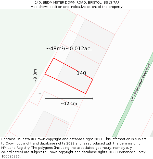 140, BEDMINSTER DOWN ROAD, BRISTOL, BS13 7AF: Plot and title map