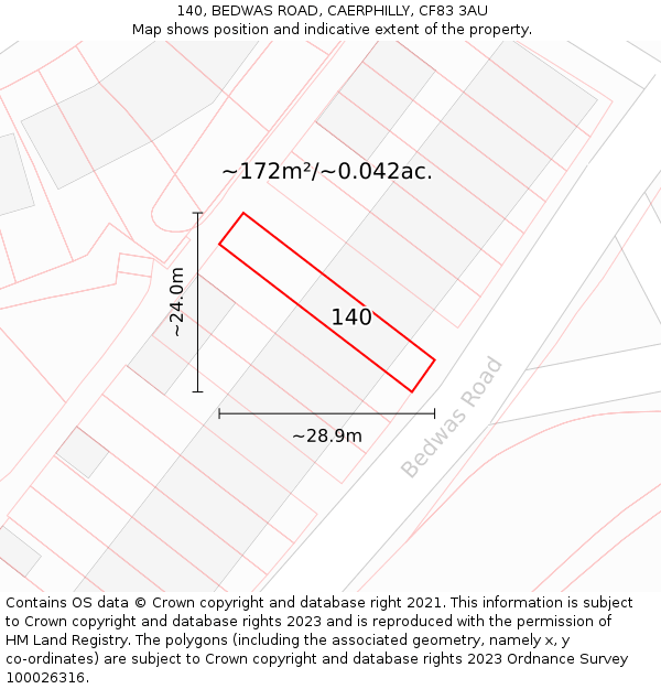 140, BEDWAS ROAD, CAERPHILLY, CF83 3AU: Plot and title map