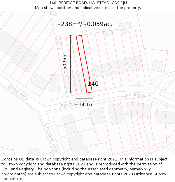 140, BERIDGE ROAD, HALSTEAD, CO9 1JU: Plot and title map