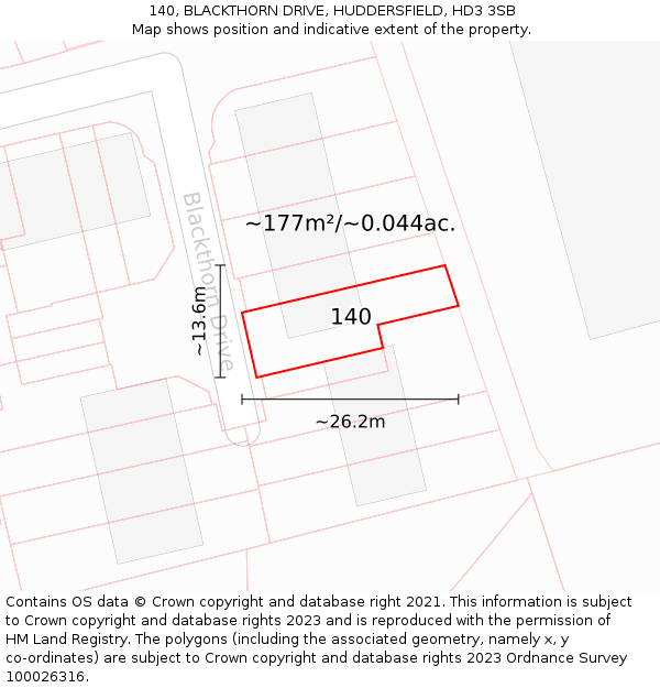 140, BLACKTHORN DRIVE, HUDDERSFIELD, HD3 3SB: Plot and title map