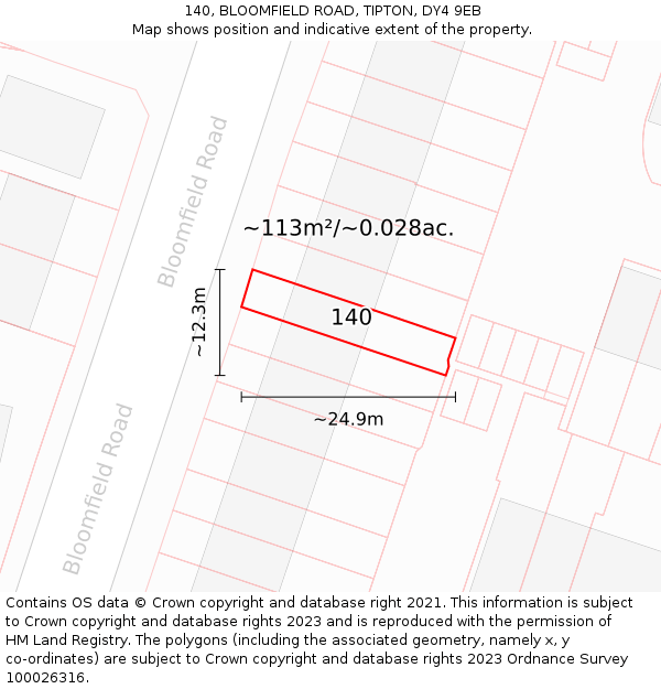 140, BLOOMFIELD ROAD, TIPTON, DY4 9EB: Plot and title map