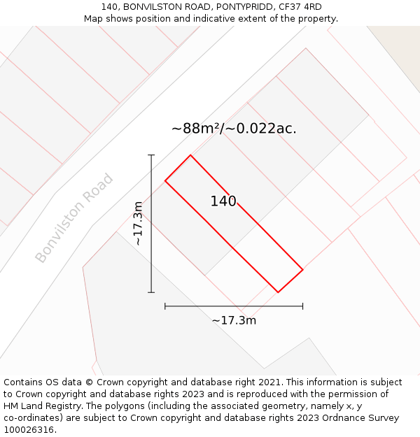 140, BONVILSTON ROAD, PONTYPRIDD, CF37 4RD: Plot and title map