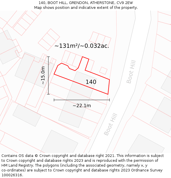 140, BOOT HILL, GRENDON, ATHERSTONE, CV9 2EW: Plot and title map
