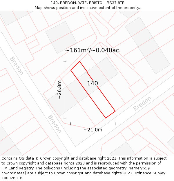 140, BREDON, YATE, BRISTOL, BS37 8TF: Plot and title map