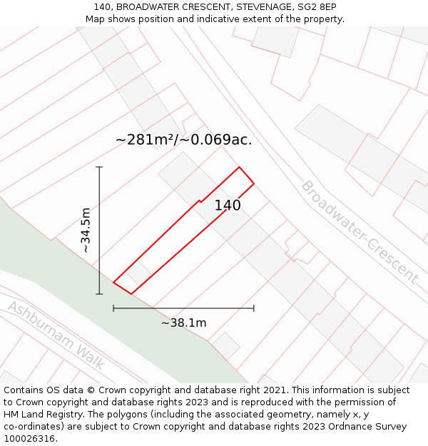 140, BROADWATER CRESCENT, STEVENAGE, SG2 8EP: Plot and title map