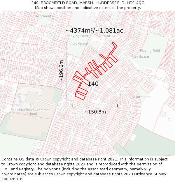 140, BROOMFIELD ROAD, MARSH, HUDDERSFIELD, HD1 4QG: Plot and title map