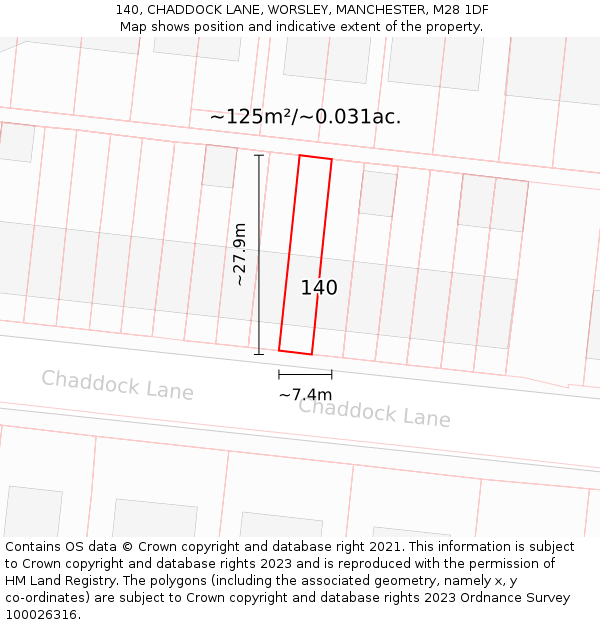 140, CHADDOCK LANE, WORSLEY, MANCHESTER, M28 1DF: Plot and title map