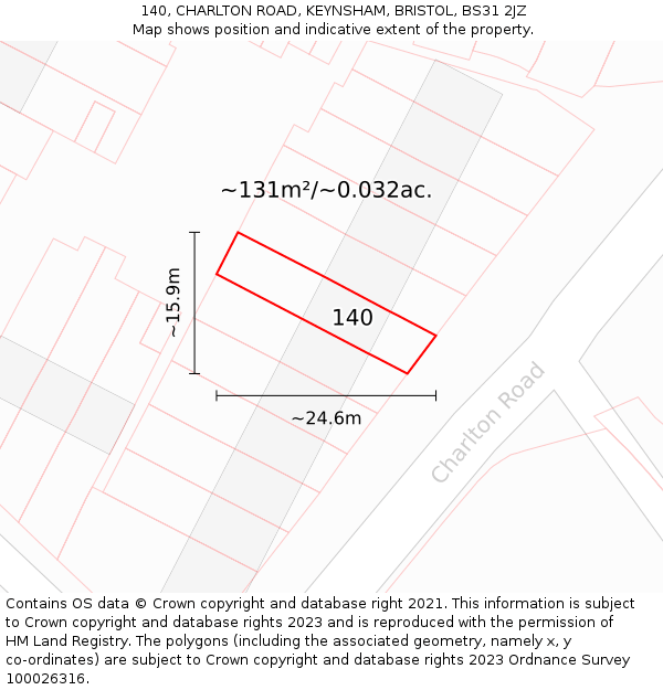 140, CHARLTON ROAD, KEYNSHAM, BRISTOL, BS31 2JZ: Plot and title map