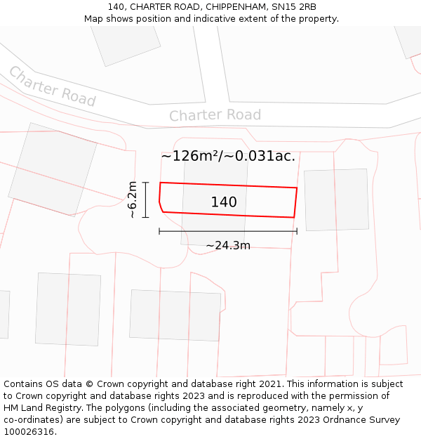 140, CHARTER ROAD, CHIPPENHAM, SN15 2RB: Plot and title map